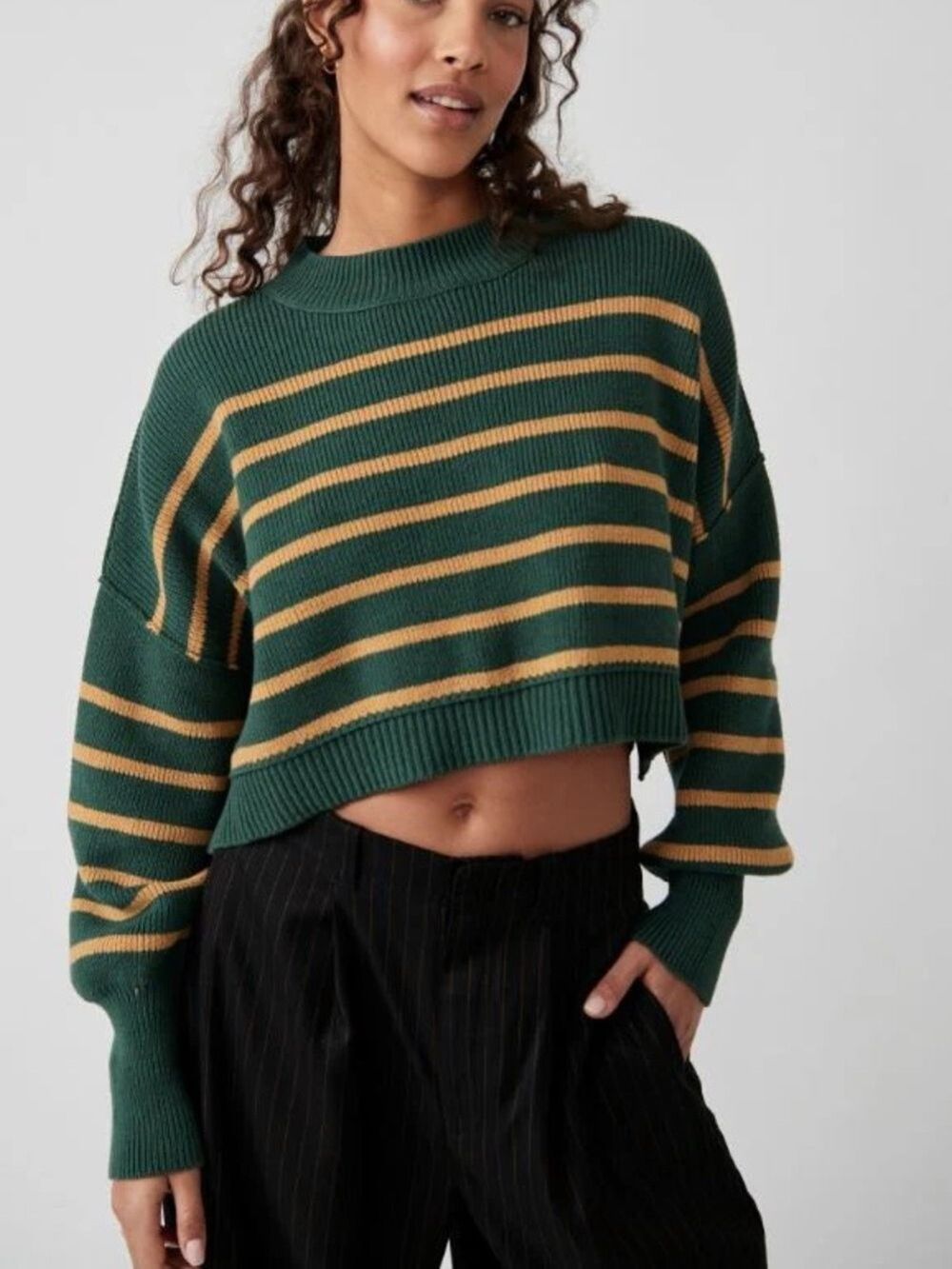 FREE PEOPLE easy street stipe crop pullover sweater in hunter green combo - Picture 3 of 12